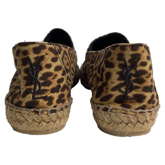 Saint Laurent Logo Leopard Print Espadrille Flats in Brown Canvas - Picture 3 of 10